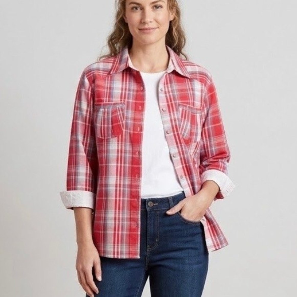 Keren Hart Vintage 80s Red Plaid Button Down Shirt Eyelet Cuff 100% Cotton SZ S